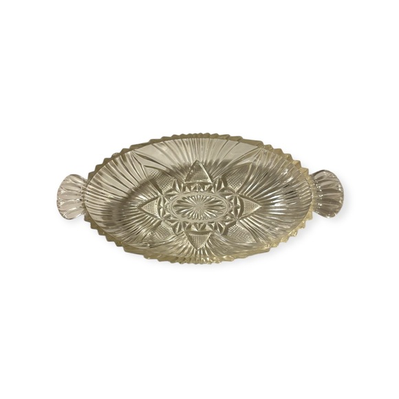 Vintage Hazel Atlas Clear Glass Dish Bowl Handles Fan Triangle Design Trinket - Picture 2 of 4